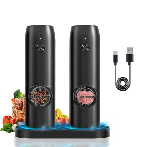 Haomacro Pepper Grinder Set of 2,USB Rechargeable Electric Pepper Mill with Charging Base,Ceramic Grind and Adjustable Coarseness,Automatic Grinder Gift for Mom,Famialy Home Kitchen Cooking