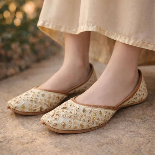 Image of Punjabi Jutti Flats for Women,Cream Bohemian Sandles Traditional Jooti,Handmade Indian Ethnic Beaded Shoes, Crean