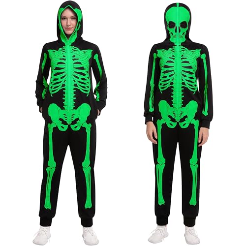 Spooktacular Creations Skeleton Pajama, Halloween Glow in the Dark Skeleton Zippered Hoodie Jumpsuit Costume Adult Women for Halloween Themed Party-L