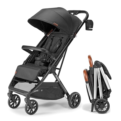 Bombi Bēbee V2 Lightweight Baby Stroller - Premium Vegan Leather, One-Hand Fold, Infinite Recline, Aircraft-Grade Aluminum Frame, XXL Canopy, and Ample Storage Umbrella Stroller - Onyx