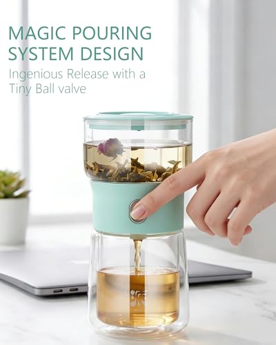 Image of ZENS Modern Glass infuser Teapot, Small One Touch Tea Maker for Loose Tea Diffusers with 200ml Insulated Cup and Blue Portable Carry Case, Magic Gongfu Tea Pot for Tea Lovers Gifts