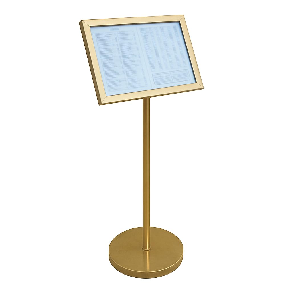 Générique Porte-Menu sur Pied DIN A3 – Métal Doré Ø 35 cm x Hauteur 115 cm – Support élégamment fini pour restaurants, hôtels et événements