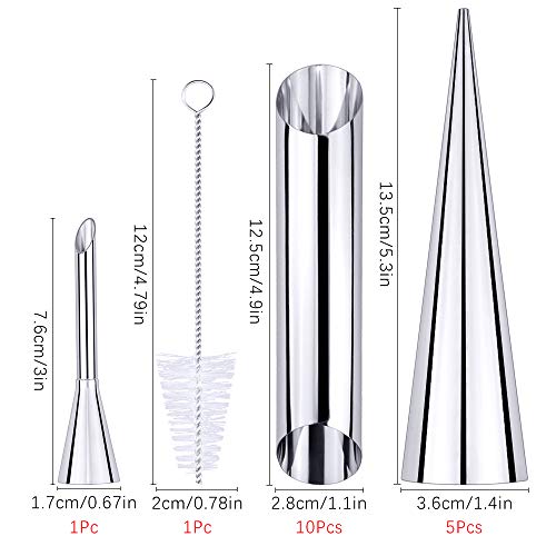 SelfTek Cannoli Tubes Set 2 Styles Cylinder and Cone Stainless Steel Cream Horn Forms for Croissant Shell Cream Roll with Cream Icing Piping Nozzle Tip and Cleaning Brush - Thumbnail 6