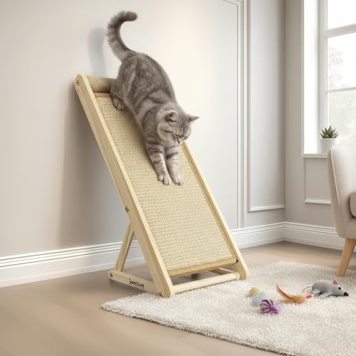Pudigloy Cat Scratching Pad with 100% Sisal Stable Triangle Design 2-Step No-Tool Assembly 22 Wooden Ramp to Protect Furniture & Sofa Natural Incline Board for Indoor Cats (Brown)