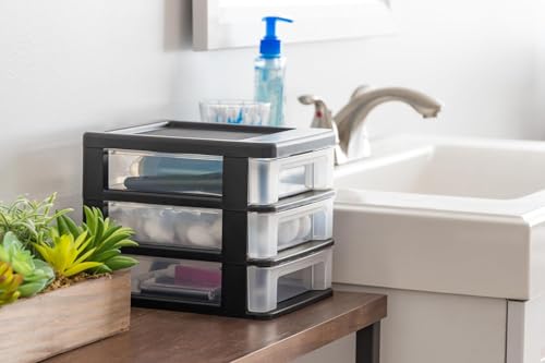 Image of IRIS USA 2-Pack, 3-Drawer Small Plastic Stacking Desktop Organizer, Black | Keep dorm desks tidy with drawers for school supplies, makeup, chargers, snacks and everyday college essentials