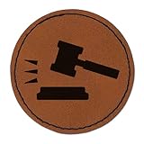 Gavel Judge Lawyer Icon Round Iron-On Engraved Faux Leather Patch Applique - 2.5 Inch - Brown