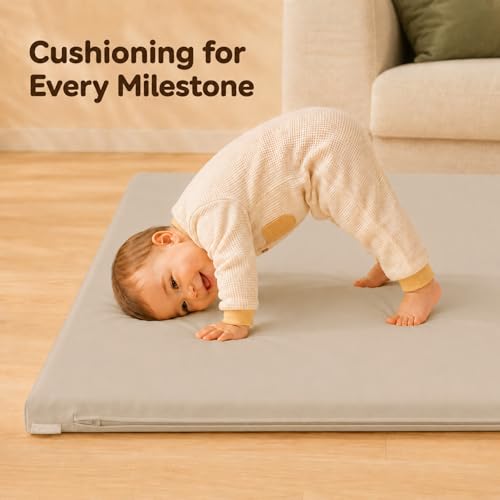 Image of Vegan Leather Baby Play Mat, 71x59 Thick Cushioned Waterproof Playpen Mat, Stylish Removable Cover Floor Mat for Babies & Toddlers, Soft Padded Play Mat for Safe Crawling, 1.2 inch Thick, Grey