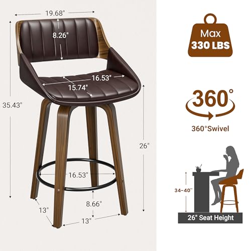 Image of YaFiti Bar Stools Set of 8, 26 inch Swivel Counter Height Barstools with Bentwood Back and Legs, Mid Century Modern Upholstered Faux Leather Counter Stools for Kitchen Island, Bar, Dining Room, Brown