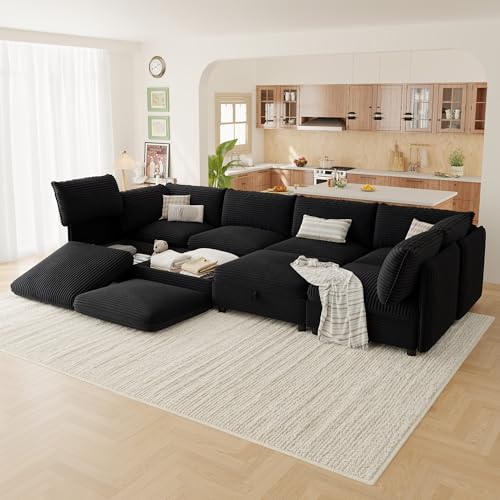 Image of Oversized Corduroy Modular Sectional Sofa Bed with Hidden Storage, Convertible L U Sleeper Couch, 8-Seat Modular Sofa Free Combination with Ottoman & Removable Covers for Living Room, Black
