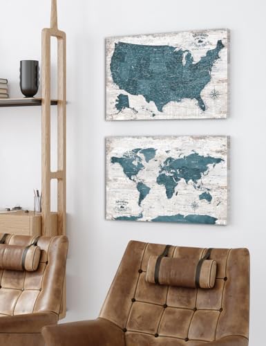 Image of IPIC - Vintage Teal World & USA Map Canvas Wall Art Set of 2, Push Pin Travel Maps to Track Your Travels, Rustic Style Canvas Wall Decor for Home, Office or RV, Ready to Hang