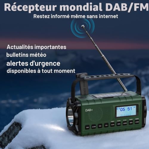 SOLARBABY Dab+/FM Radio Solaire d’Urgence, Radio à Manivelle avec 20000mAh Power Bank, Radio Solaire Dynamo avec Lampe Torche Lampe de Lecture Alarme SOS USB pour Randonnée Camping Extérieur, Vert – vue 4