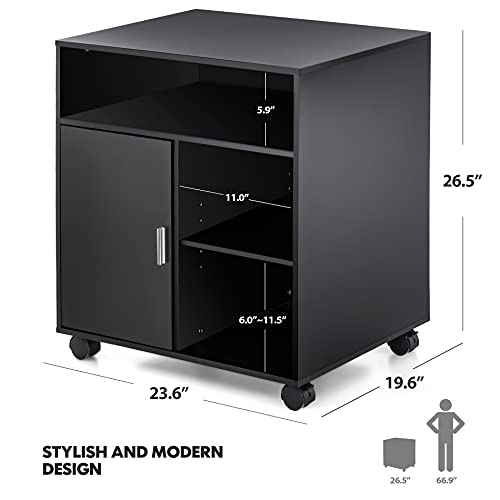 Fitueyes Printer Stand With Storage Adjustable Shelves, Wood Mobile Cart With Door, Rolling File Cabinet On Wheels For Home Office, Black, Ps406001Wb #TOP4