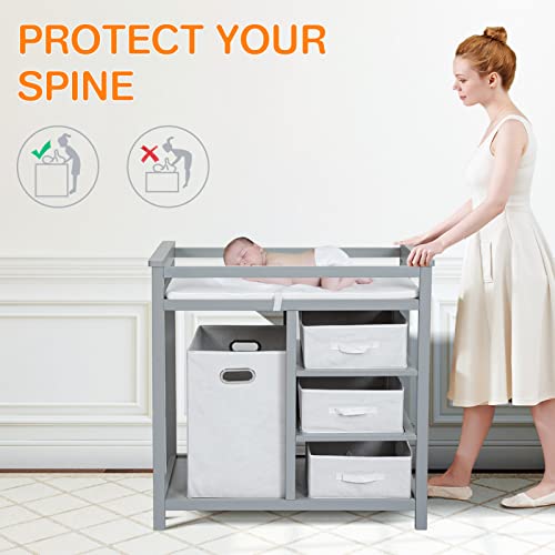 Lovin&Hugin Changing Table, Baby Changing Tables, Diaper Changing Table, Changing Table With Laundry Hamper, 3 Storage Basket And Changing Pad, Grey #TOP1