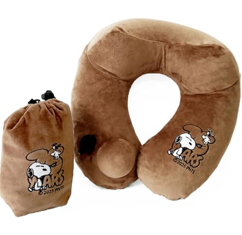 SNOOPY ネックピロー 空気枕 エアー枕 旅行 飛行機 キャンプ バス 快適 ポンプ式 30秒 肌触り 良い マイクロベルベット 首に沿った 立体構造 コンパクト 収納ポーチ付き スヌーピー BR