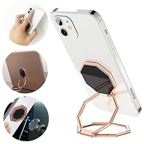 CLZWiiN Cellphone Ring Holder Finger Kickstand, Foldable 360° Rotation Cell Phone Stand for Desk, Magnetic Car Mount, Metal Multi-Angle for Phone Back Grip Compatible with iPhone, iPad (Rose Gold)