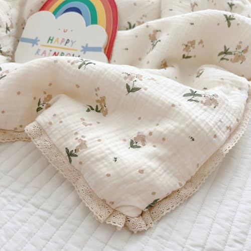 Image of BuLuTu Shabby Chic Floral Toddler Comforter Quilt Cotton Muslin Kids Blankets Sweet Laurel Design Beige Toddler /Twin Bed Blanket for Unisex Baby Toddler Boys Girls, 60 inchx78 inch