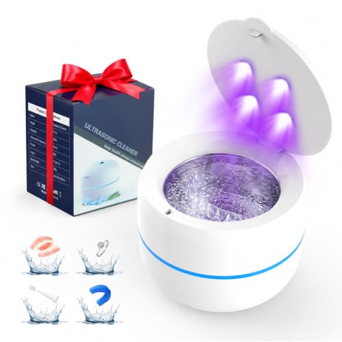 Voraiya Ultrasonic Retainer Cleaner Machine 4 U-V Lights 45kHz Dental Cleaning Pod 2 Modes 200ml Dentist-Designed Ultrasonic Dental Retainer Cleaner for Aligners Dentures Night Guards White/Blue