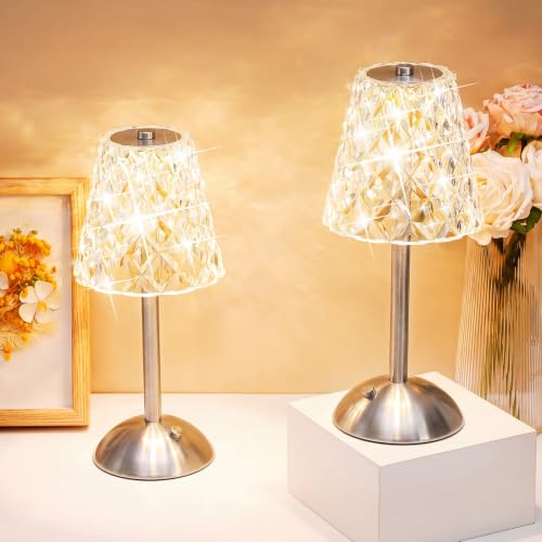 Image of Liliful 2 Pcs Cordless Table Lamp Rechargeable Touch LED Small Gold Portable Battery Operated USB-c Desk Lamp 3 Color Dimmable for Bedroom Living Room Dining (Silver,Diamond Style)