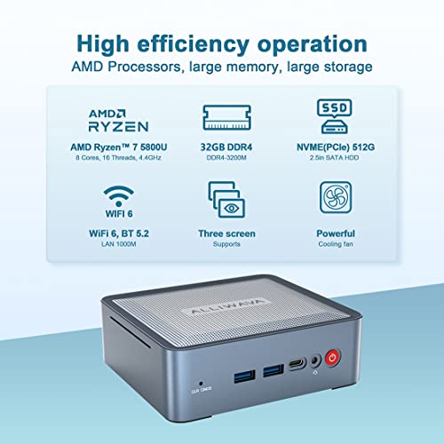 Alliwava Mini Pc, Amd Ryzen 7 5800U 8Cores Windows 11 Pro 32Gb Ddr4 512Gb Nvme Ssd Mini Desktop Computers, Amd Radeon Graphics 2000Mhz, Dual Hdmi And Usb-C 4K Output, Wifi6/Bt5.2, Small Form Factor #TOP1