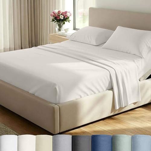Image of California Design Den Split King Sheets Sets for Adjustable Bed - 100% Cotton, 500 Thread Count Sateen, Deep Pocket Sheet & Pillowcase Sets - True Ivory