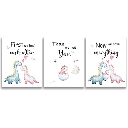 Image of SUUURA-OO Cute Baby Dinosaur Watercolor Art Print poster, Set of 3 (8”X10”) Balloon Dinosaur Family Love Quote Wall Art Poster, Living Room Bedroom Home Decor Nursery Art Printing,Unframed (girl)