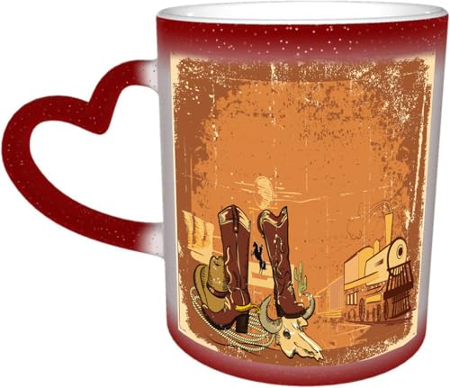 DOHXQM Taza Café cerámica, Taza de café con efecto térmico y cambio de color 330 ml Taza Mágica Regalo interesante,Fondo del salvaje oeste con locomotora sobre textura de papel antiguo.