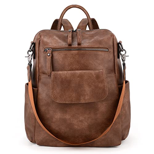 UTO Backpack Womens Vegan Leather Ladies Rucksack Bag Travel Shoulder Handbag Yellowish-brown