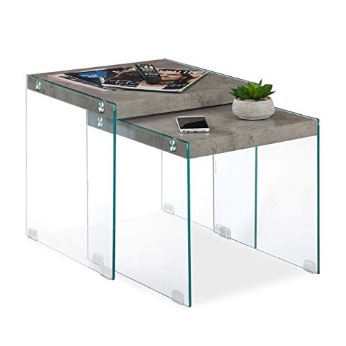 relaxdays, Gris Mesas Nido Cuadradas en Set de 2 Unidades, Mesitas de Centro Efecto Mármol, DM-Cristal, 40 & 45 cm