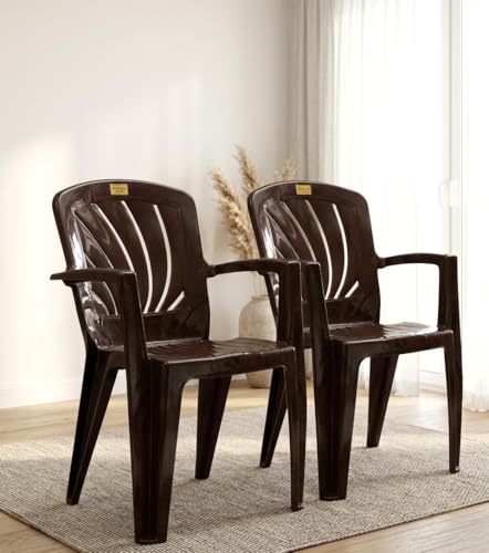 Image of Patiofy Plastic Arm Chair for Living Room, Heavy Duty Plastic Chair for Home and Outdoor, Solid Back Support, Comfortable Seating with Arm Support, 200 Kg Capacity (Elba Brown- Set of 2)
