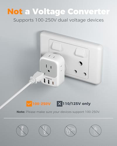 Image of TESSAN South Africa Type M Power Adapter | 4 American Outlets, 3 USB Charger (1 USB C Port), For US to Bhutan Botswana Namibia Nepal