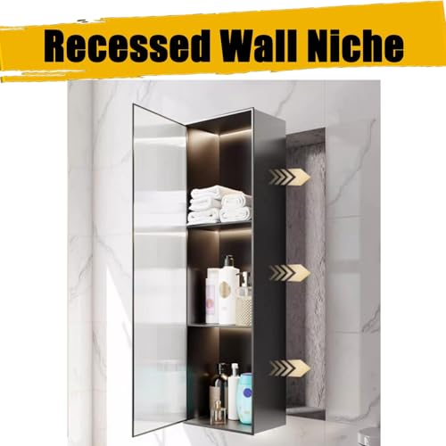 Niche murale encastrée étanche à 3 niveaux et sa porte vitrée grise de douche