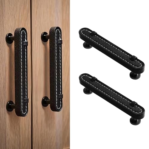 Image of 6 Pack Leather Cabinet Handle Pulls 3-3 /4 inch Hand-Stitch Black Leather Drawer Pulls Dresser Handle Pulls for Cabinets Cupboards Dressers Drawers Bedroom Leather Pulls