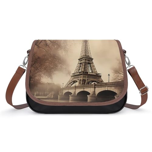 Vintage Paris Eiffel Tower Crossbody Bag Anti-Theft Side Shoulder Bags Adjustable Leather Messenger Bag Unisex
