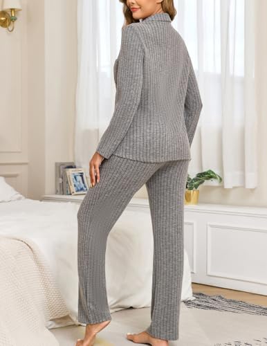 Image of Veseacky Women's Ribbed Knit Pajamas Set 2 Piece Warm Soft Loungewear Sleepwear Pjs S-XXL