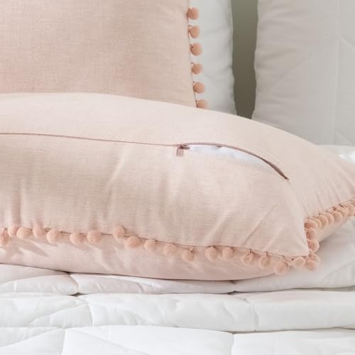Image of 100% Cotton Pom Pom Cushion Without Filler, Elegant & Modern Cushion Cover for Living Room, Rectangle, 12 inchx20 inch, uni Chambray, Set of 2 - Cloud Rose