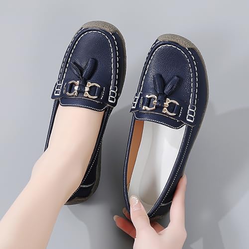 Image of Women's Faux Leather Flat Loafers Classic Casual Comfort Slip-On Shoes Soft Sole Dress Shoes(Navy,Size 9)