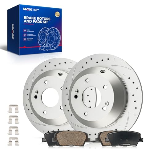 Image of KAX Rear Brake Kit, Drilled and Slotted Brake Rotors, Ceramic Brake Pads | Fits Kia Sorento 2016-2019, Hyundai Santa Fe Sport 2017-2018, Hyundai Santa Fe 2017-2018, Hyundai Santa Fe XL 2019