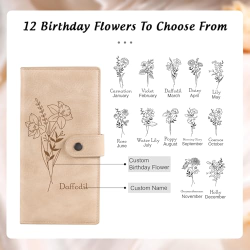 Custom Birth Flower Wallet for Women Personalized Purse with Name Floral Women's Wallet Leather Card Holder Gifts for Mom Grandma (Pink)2