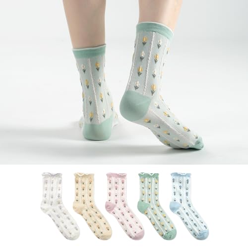 Image of Womens Cotton Crew & Ankle Socks, Cute Floral Ruffle Colorful Tube Size 6-9