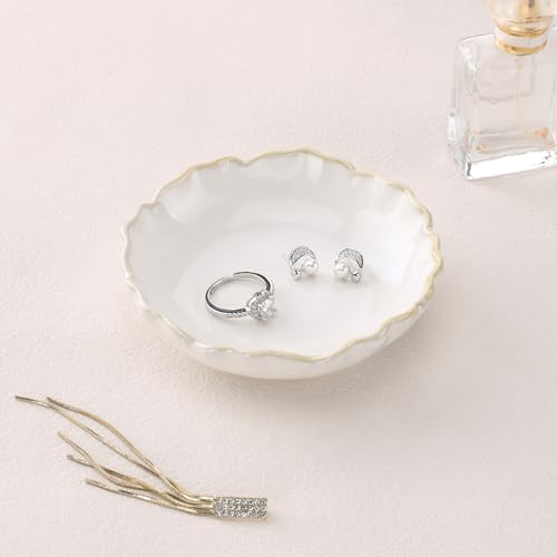 HOME SMILE Ring Jewelry Dish Pastel White Ruffled Ceramic|Trinket Tray for Earrings Necklaces|Mothers Day Birthday Friendship Gifts for Women|Vanity Organizer & Bathroom Decor