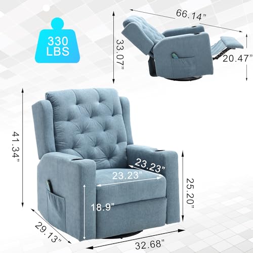 Image of Oversized Massage Recliner Chair Swivel Rocker Recliner for Adult, Wide Seat Fabric Reclining Chair, Manual Recliner Chair with Cup Holder, Glider Rocking Chair for Nursery, Blue