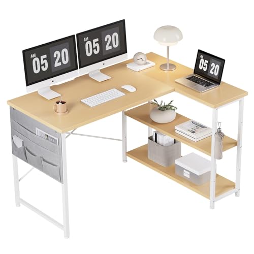 字デスク ゲーミングデスク 机 デスク 右棚左棚 幅107cm pcデスク コーナーデスク つくえ 棚板高さ調節可能 収納袋付き L字型 PC 勉強机 作業 在宅ワーク デスク リモートワーク ゲームデスク 書斎 収納ラック付き ライトオーク