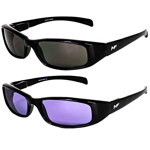 2 Pairs of MF Eyewear Bad Attitude Cool Wraparound Motorcycle Sunglasses Black Frames with Smoke & Purple Lenses