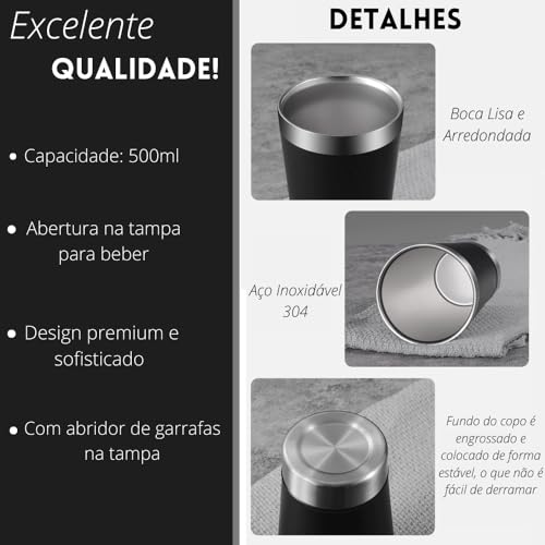 Copo Termico Cerveja Com Tampa E Abridor Inox Parede Dupla (Preto)