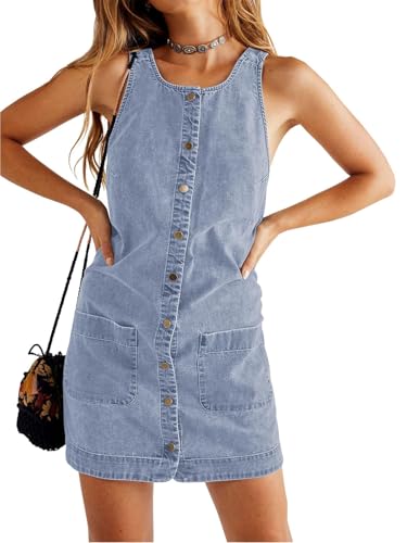Image of Yousify Womens Casual Sleeveless Denim Overalls Dresses Button Down Summer Jean Mini Dress 2025 Trendy Romper With Pockets