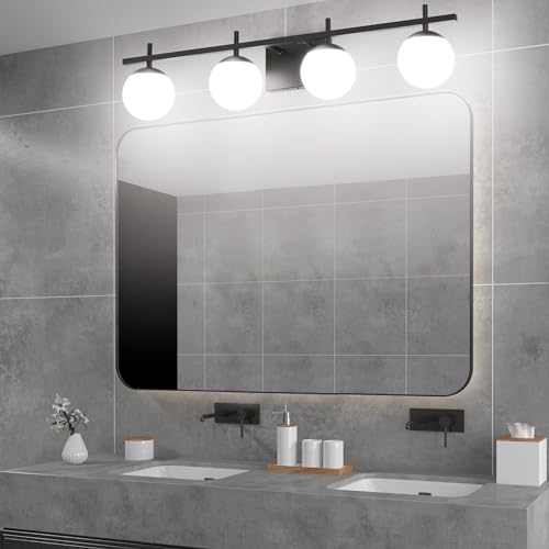 Image of Ralbay Black Vanity Lights for Bathroom Milky Glass Mid Century Modern Bathroom Vanity Wall Light Over Mirror, Black 4-Lights