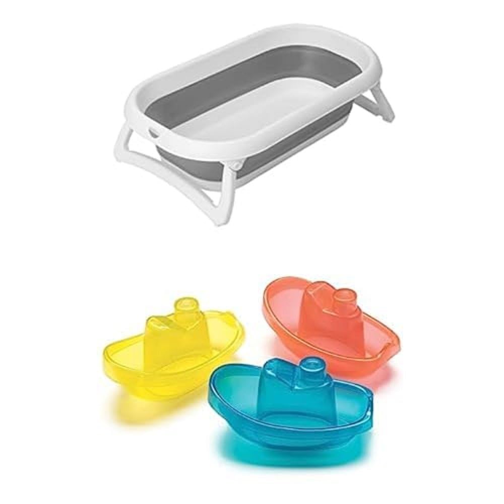 Bundle aus Rotho Babydesign Baby Badewanne Faltbar 2 Go, Für Babys ab 0 Monaten, 82 x 48,5 x 22 cm, Grau/Weiß, + Playgro Badeboote, 3 Stück, BPA-frei, Ab 6 Monaten, Bright Baby Boats, Blau/Rot/Gelb