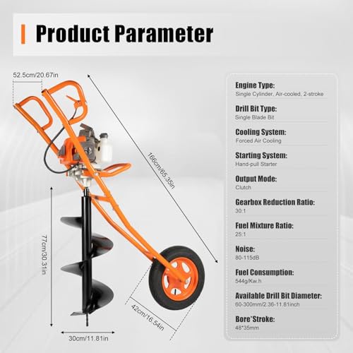 63CC 2 Stroke Post Hole Digger 3HP Gas Powered Earth Auger Borer Ground Drill Gasoline Earth Auger Wheelbarrow with 11" Bit, for Fence Ground Drill Garden Tree Planting (Orange)-[Arrives in two boxes]
