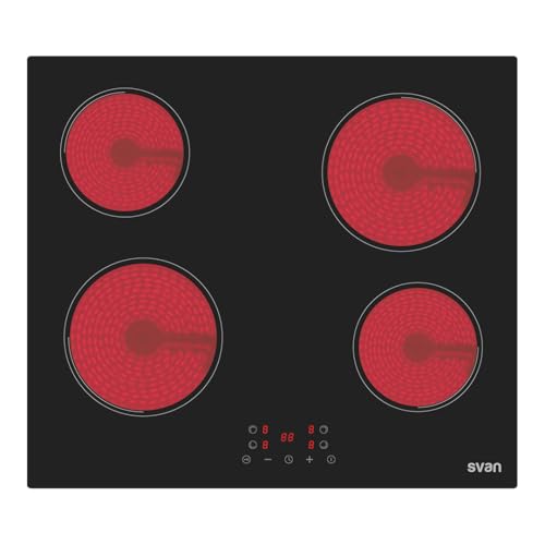 Svan Placa Vitrocerámica Cristal negro, SV4602. 4 Zonas de Cocción, 6000 W, 9 Niveles de Cocción, Control Táctil, Autodesconexión, Bloqueo de Panel, Temporizador