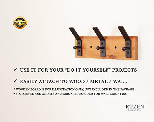 Rtzen Three Decorative Hammered Nail Double Hooks - 3 Handmade Wrought Iron Stylish Hangers For Your Suit, Coat, Hat, Jacket, Robe, Bath Towel | Mug Hooks Hang-All Easy Wall Mount | Black Forged Rod #TOP4